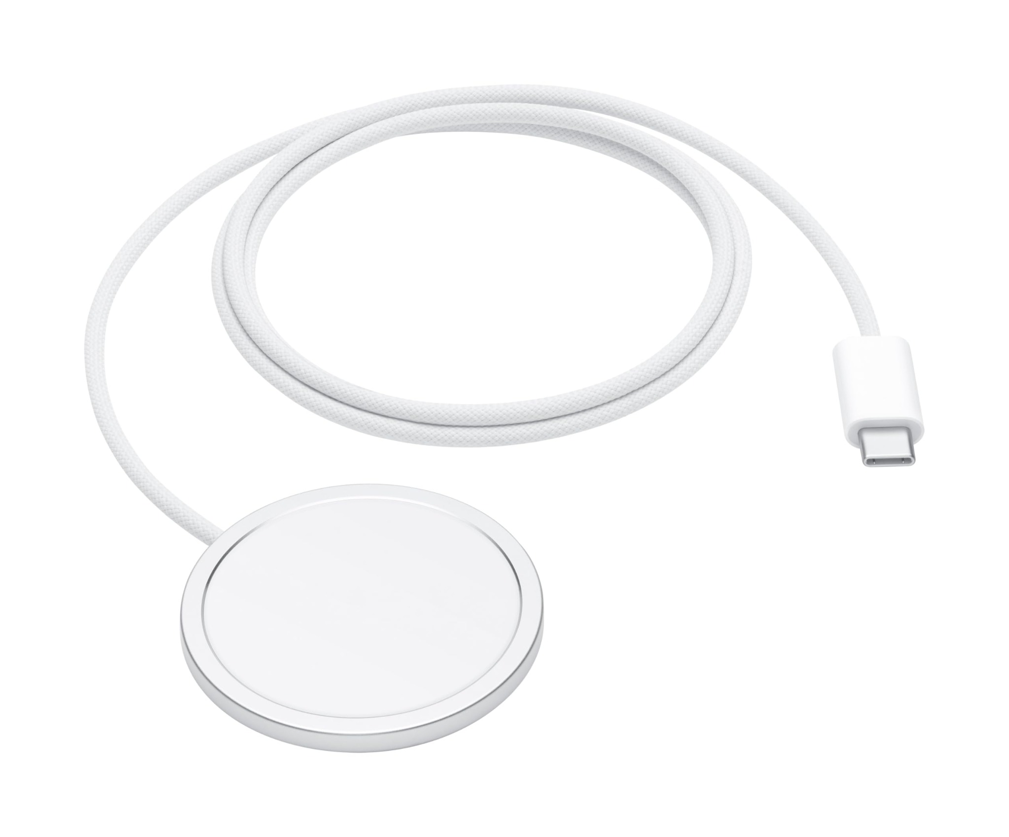 White magnetic wireless charging puck with USB-C cable