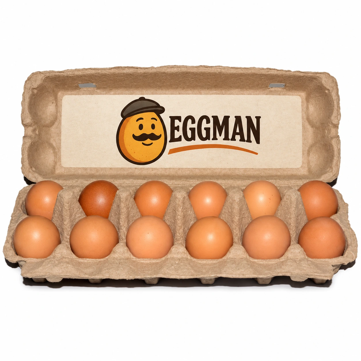 Eggman branded carton containing 12 eggs