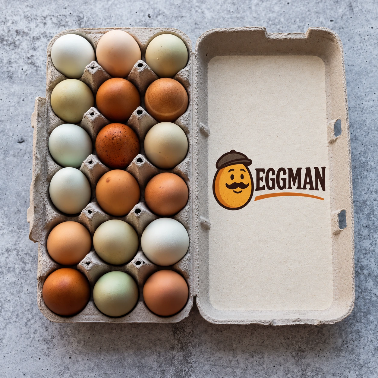 Eggman branded carton containing 18 eggs